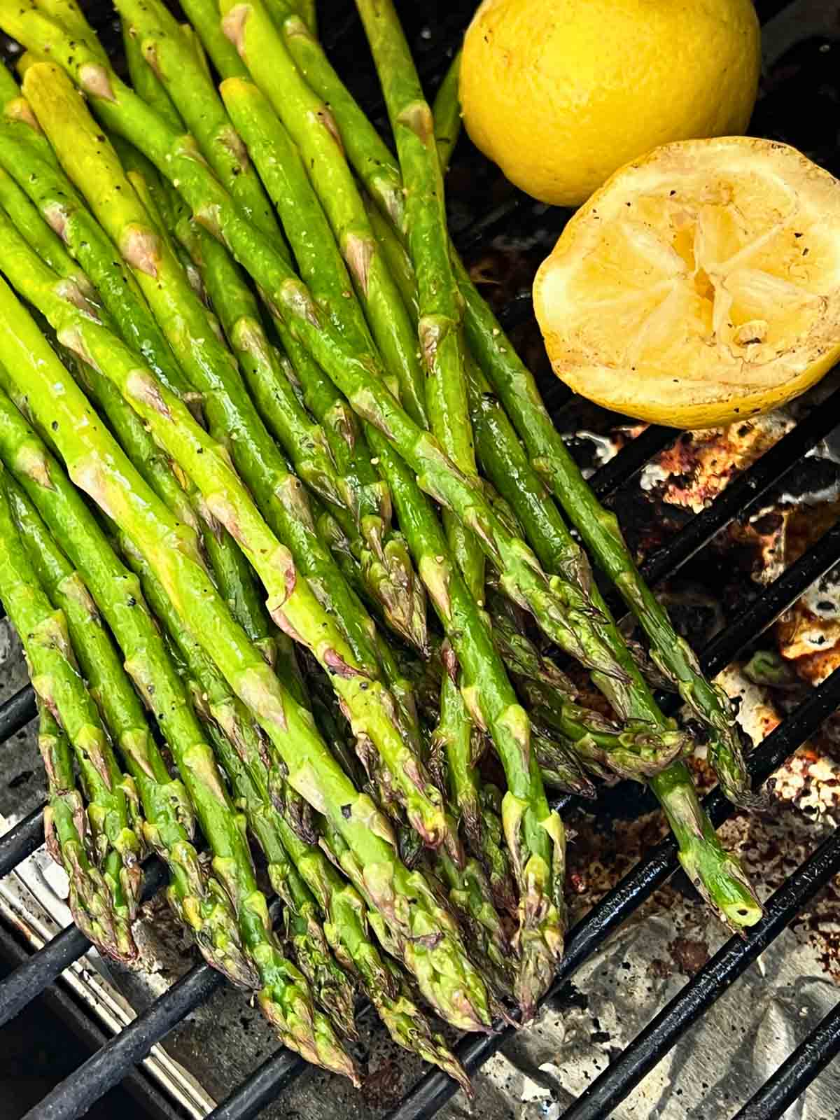 grilled asparagus and lemon halves