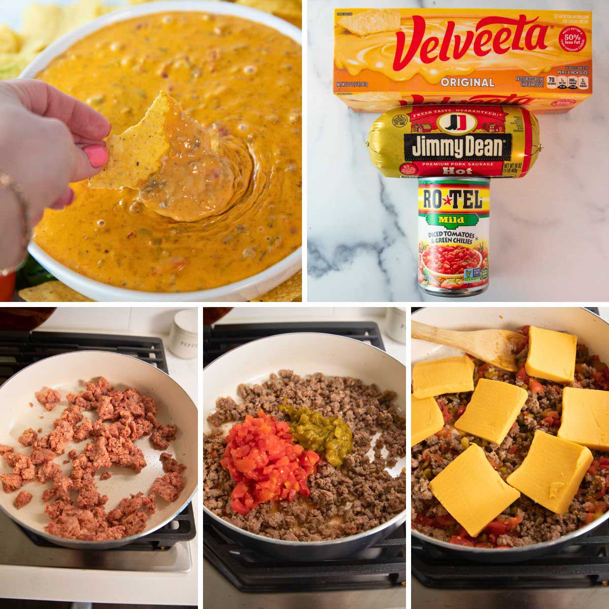 steps of how to make rotel dip with sausage. picture of rotel dip ingredients, ground beef cooking in a skillet, cheese on top of cooked ground beef in a skillet