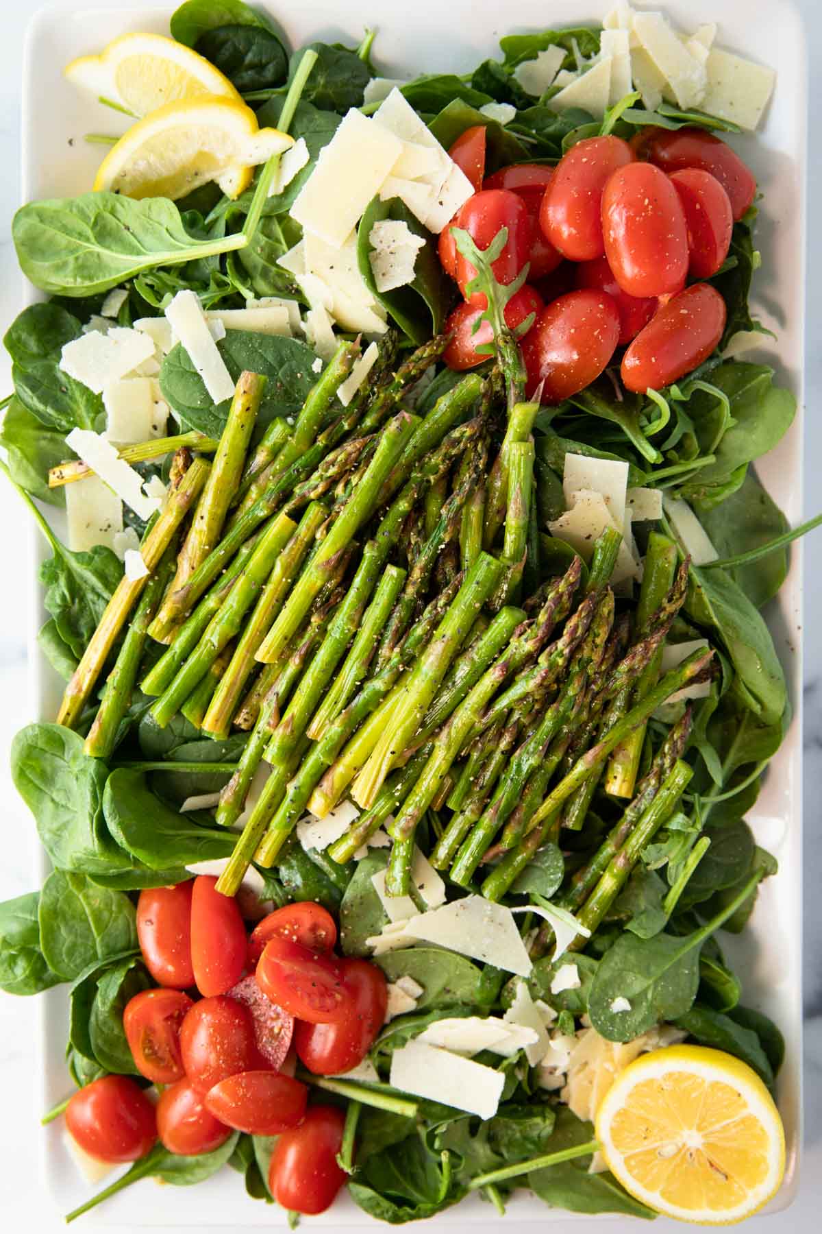 overhead of grilled asparagus salad